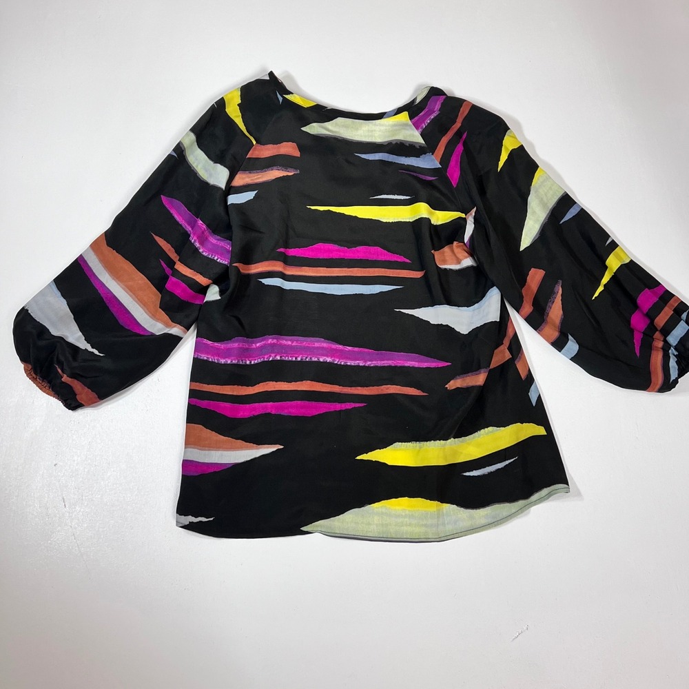 Tucker Silk Blouse M Black Multicolor Abstract Art to Wear Tie Neck - Picture 2 of 16